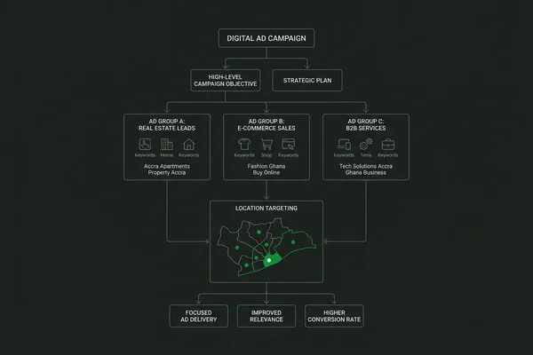 Campaign structure with tightly themed ad groups and location targeting