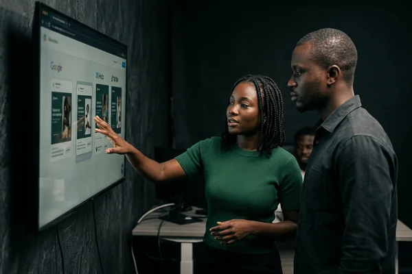 Creative team reviewing ad variants for Google, Meta and TikTok