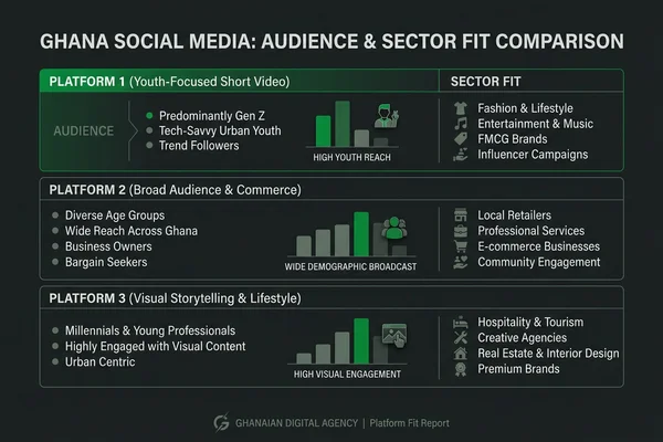 Platform comparison of audience and sector fit in Ghana