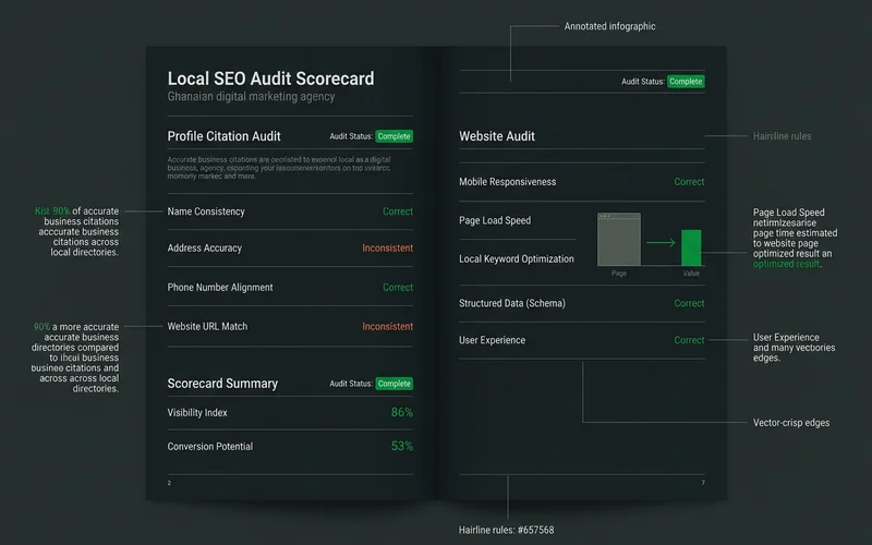 Annotated local SEO audit scorecard showing profile, citation and website sections