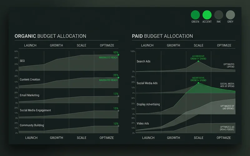 Budget split guidance showing organic and paid allocation by business stage