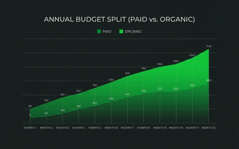 Budget split showing paid and organic running together over twelve months