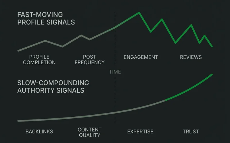 Fast-moving profile signals compared with slow compounding authority signals
