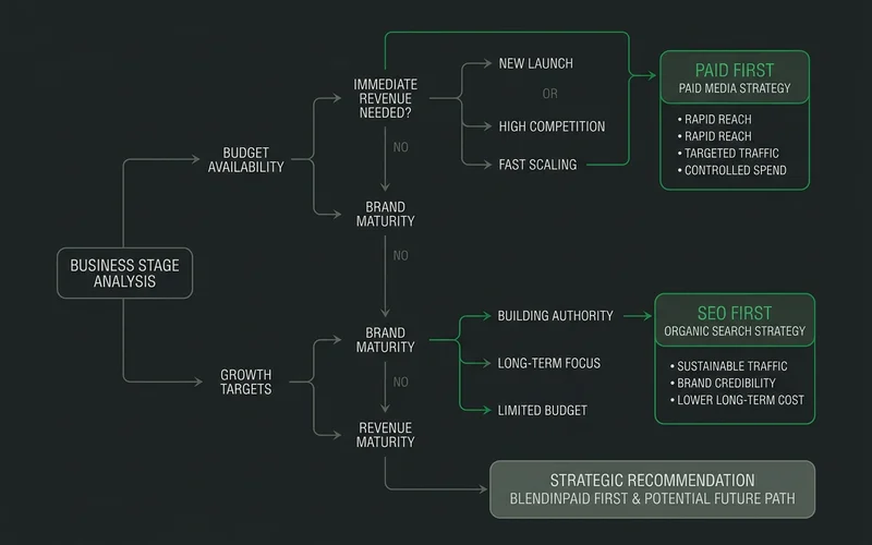 Decision tree routing business stage to paid-first or SEO-first