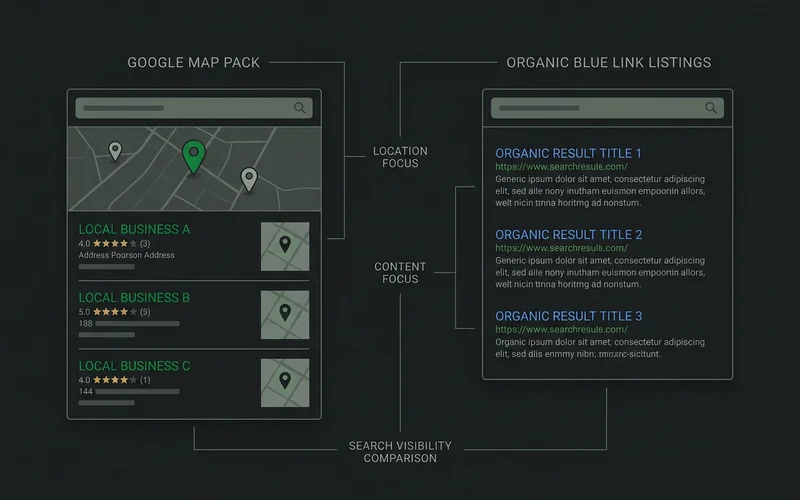 Diagram contrasting Google Map Pack results with organic listings