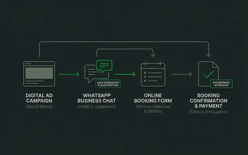 Flow from a Facebook ad through WhatsApp chat to booking confirmation