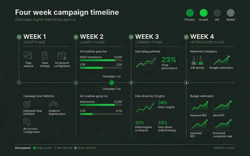 Four-week campaign timeline showing setup, launch, learning and optimisation