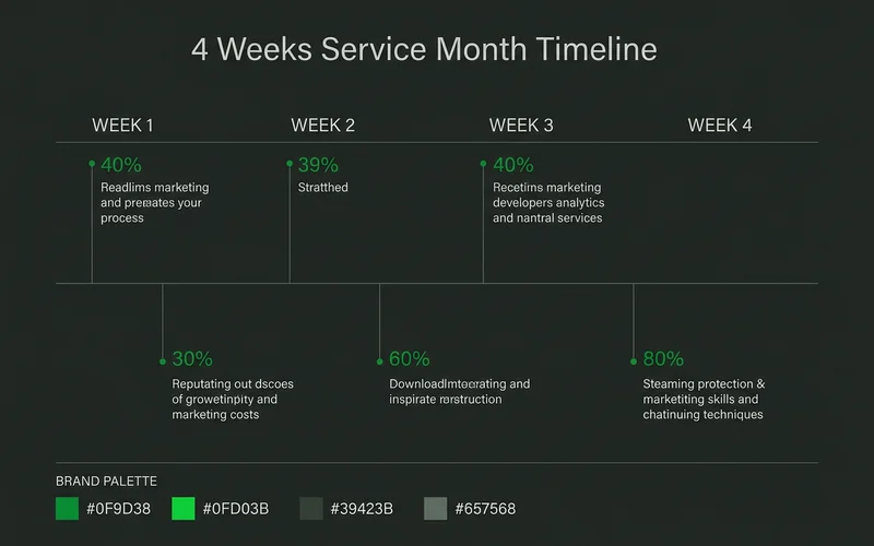 Four-week service month timeline showing planning through reporting