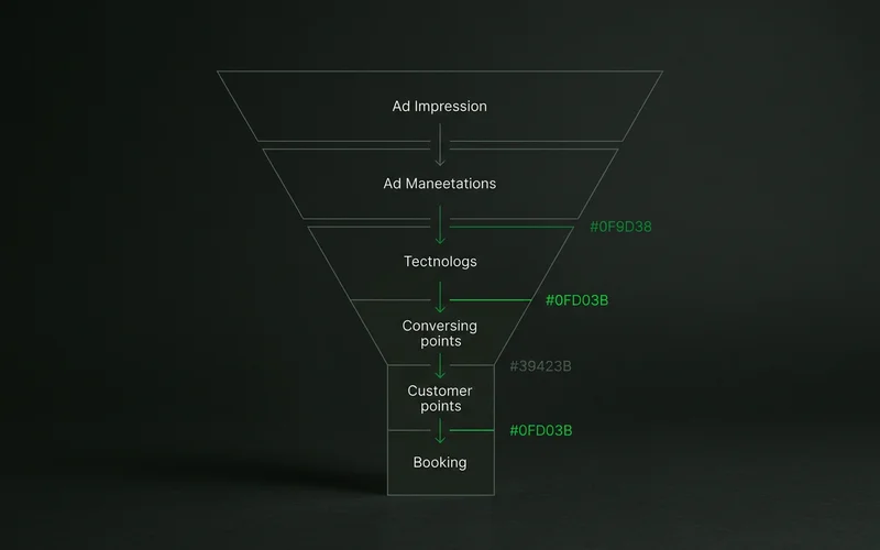 Funnel diagram from ad impression through click, enquiry and booking