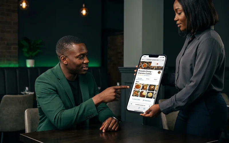 Google Business Profile for a restaurant showing menu, photos and booking attributes