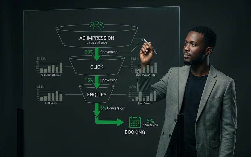 Lead funnel mapped from ad impression through click, enquiry and booking