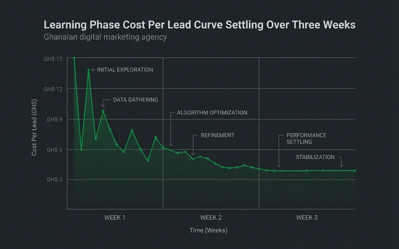 Learning phase cost per lead curve settling over three weeks