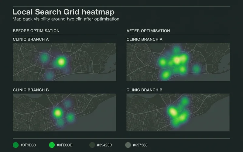 Local Search Grid heatmap comparing branch visibility before and after optimisation