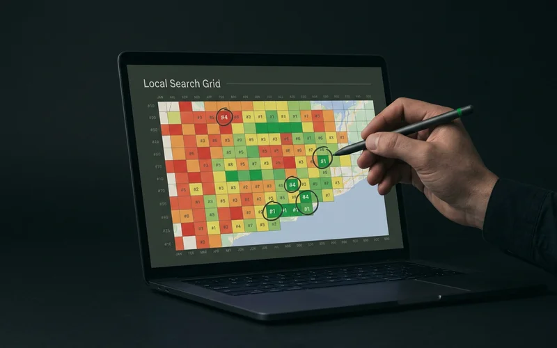 Local Search Grid heatmap showing block-by-block ranking across a Ghanaian city