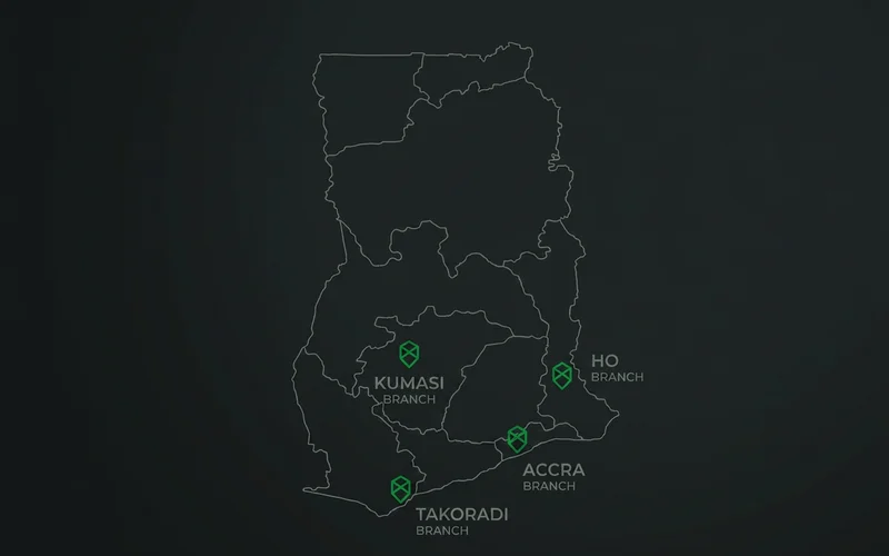 Map of Ghana marking clinic branches in Accra, Kumasi, Ho and Takoradi