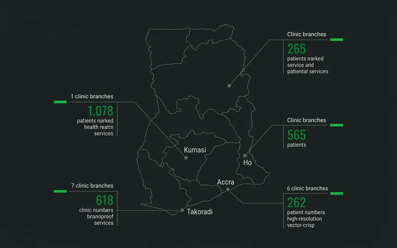 Map of Ghana marking clinic branches in Accra, Kumasi, Ho and Takoradi