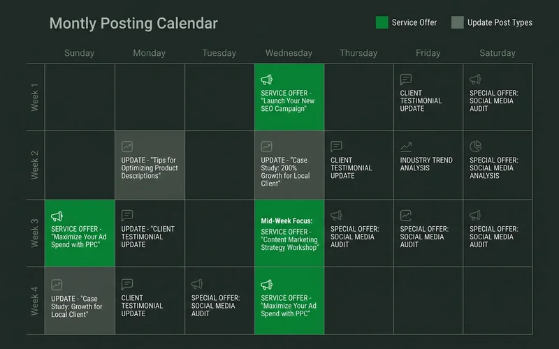 Monthly posting calendar showing service, offer and update post types