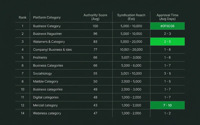 Ranked directory table showing authority, syndication reach and approval time