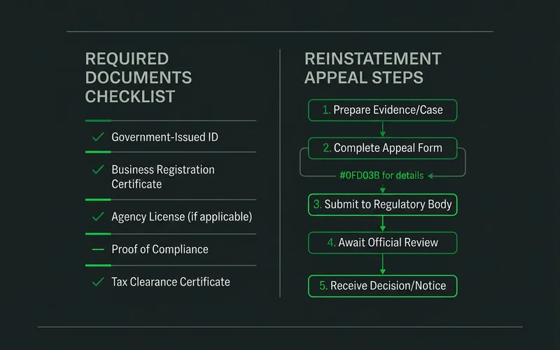 Reinstatement checklist showing required documents and appeal steps