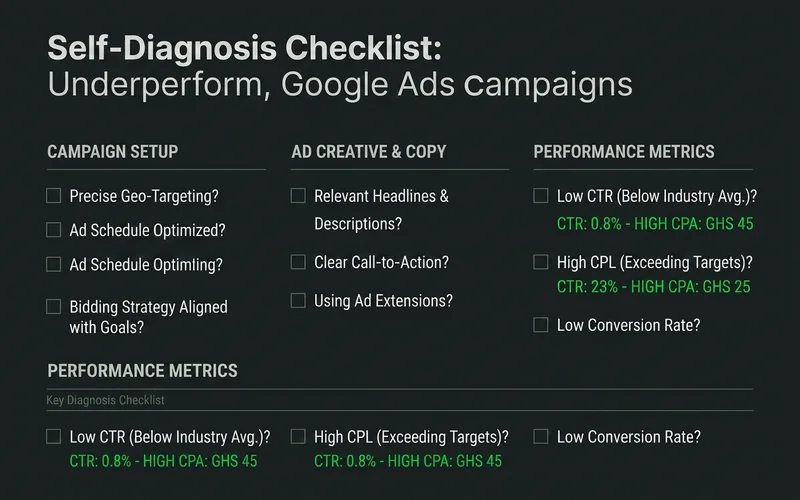 Self-diagnosis checklist for underperforming Google Ads campaigns
