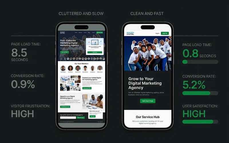 Side-by-side comparison of a cluttered mobile page and a clean one