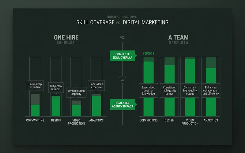 Skill coverage across copy, design, video and analytics for one hire versus a team