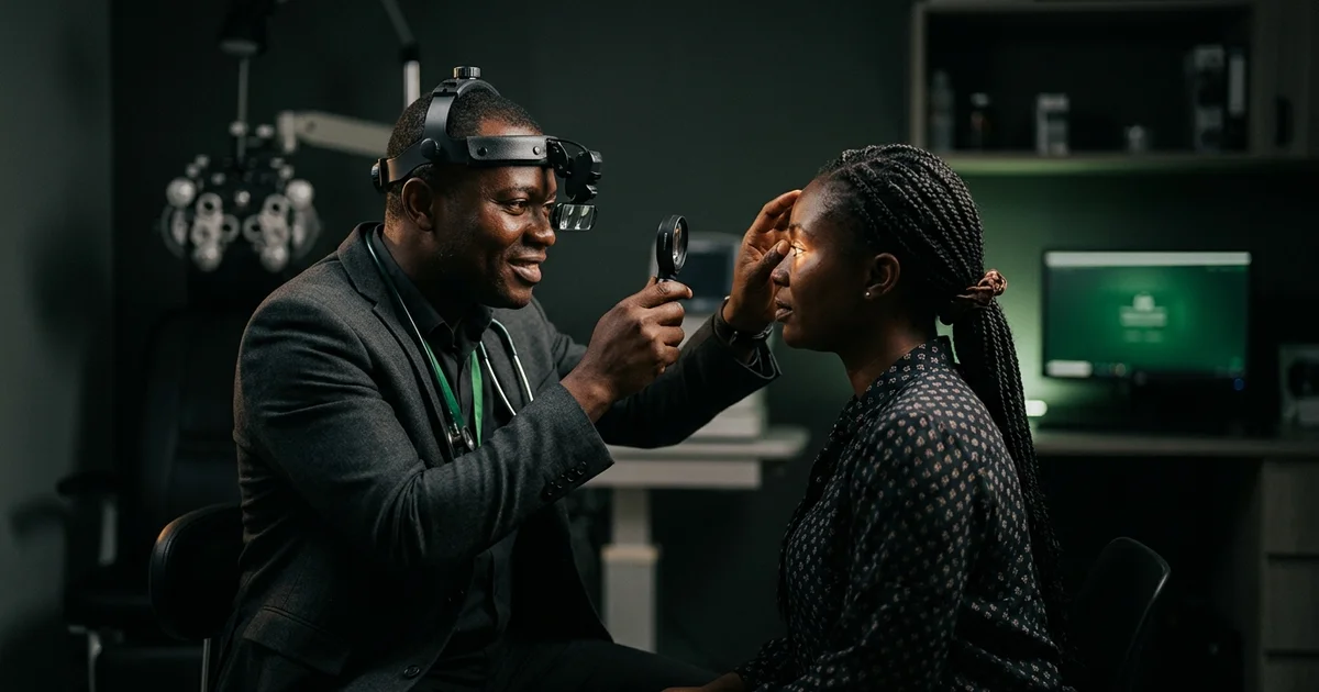 Ghanaian ophthalmologist examining a patient in a modern eye clinic
