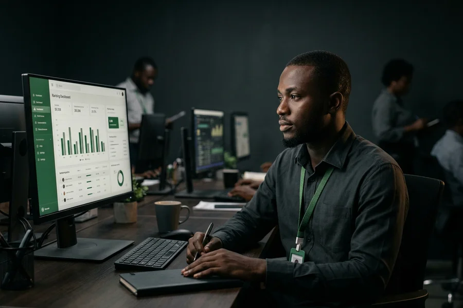 The Whizzy Digital workspace in Kumasi with ranking dashboards on screen