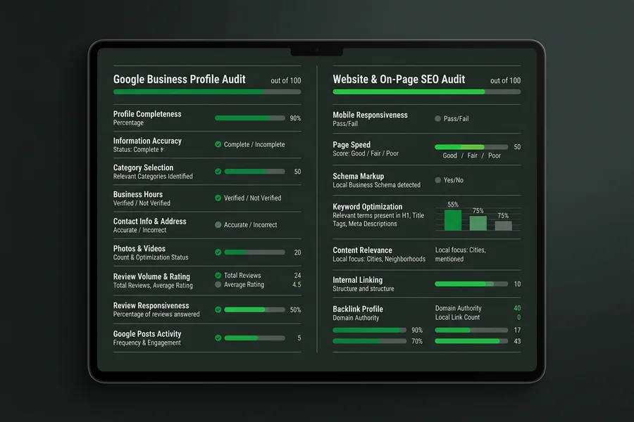 An annotated local SEO audit scorecard showing profile, listing and website sections