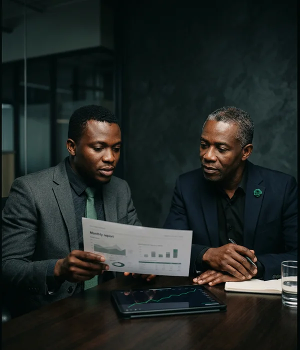 A Whizzy Digital account manager presenting a monthly report to a client