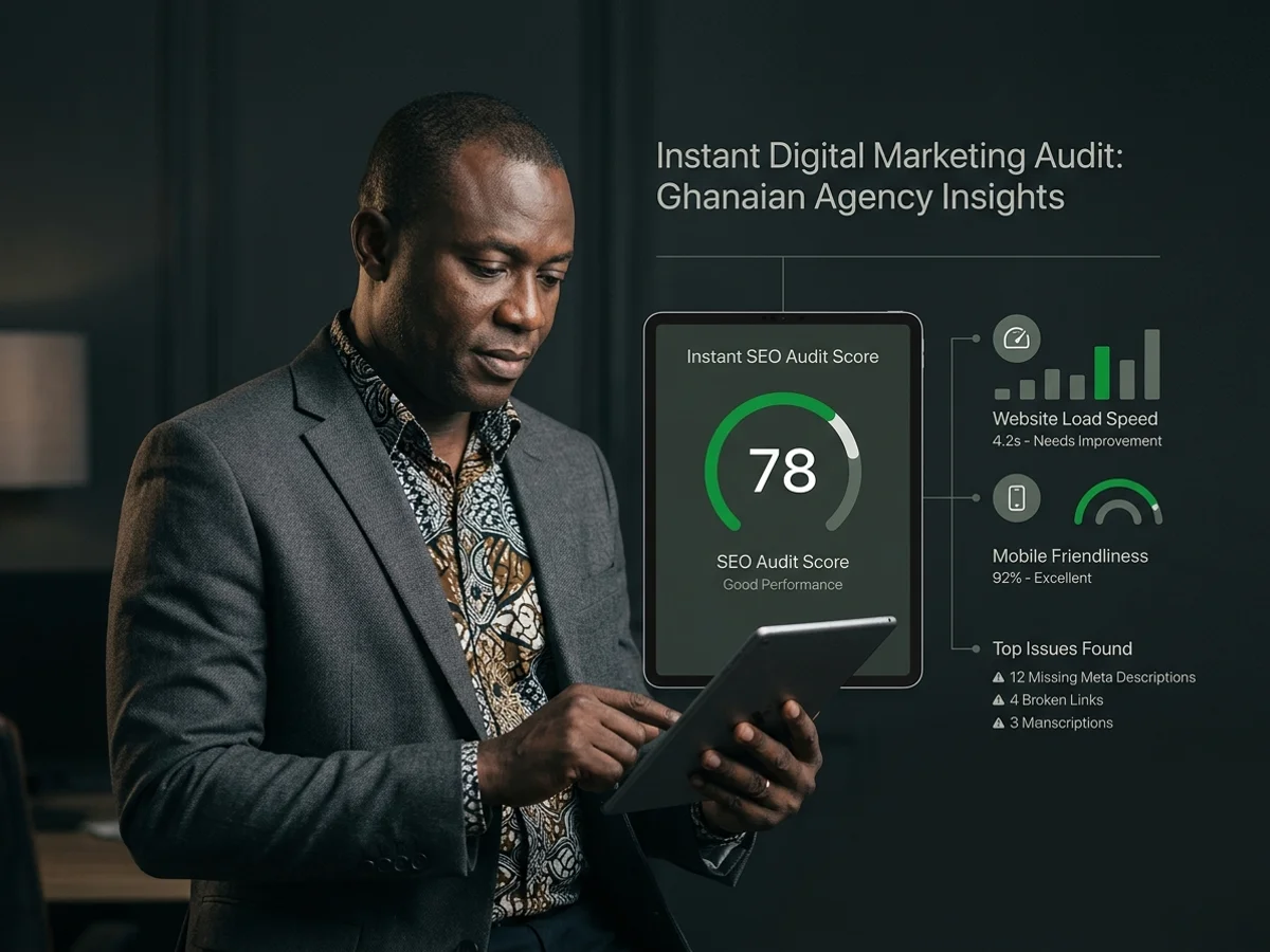 A Ghanaian business owner reading their instant local SEO audit score