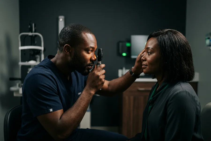 An ophthalmologist examining a patient at one of the eye clinic network's branches