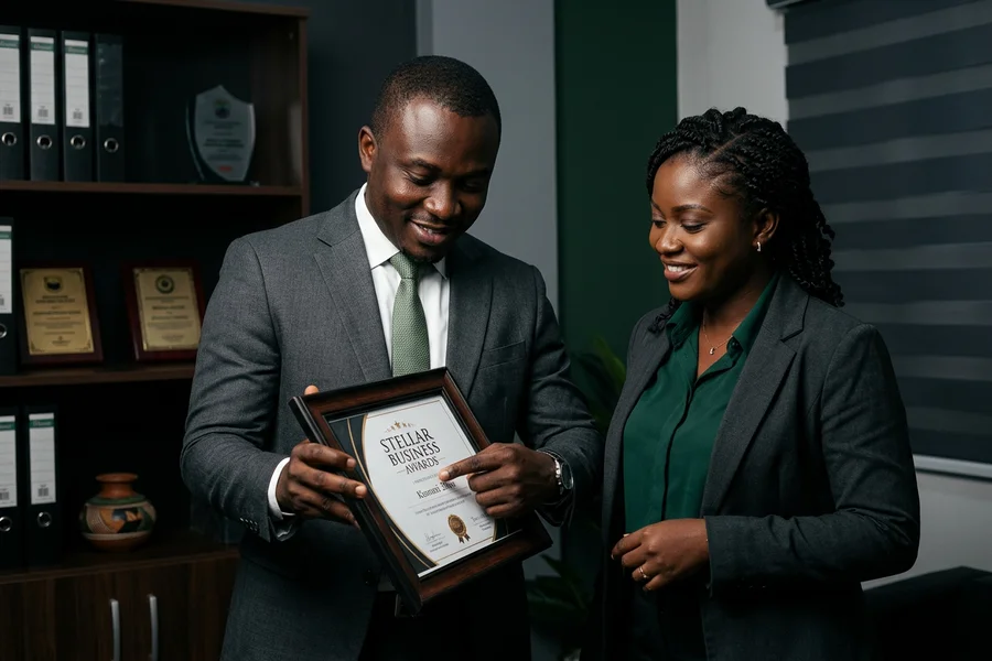 The Stellar Business Awards certificate at the Whizzy Digital office