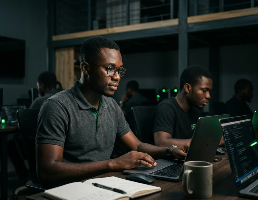 Trainees working in the Whizzy innovation hub in Kumasi